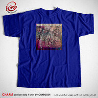 تیشرت آبی هنری ایرانی با طرح صحنه رودرویی سیاووش ؛ سودابه و کیکاووس از برند چام 11011
