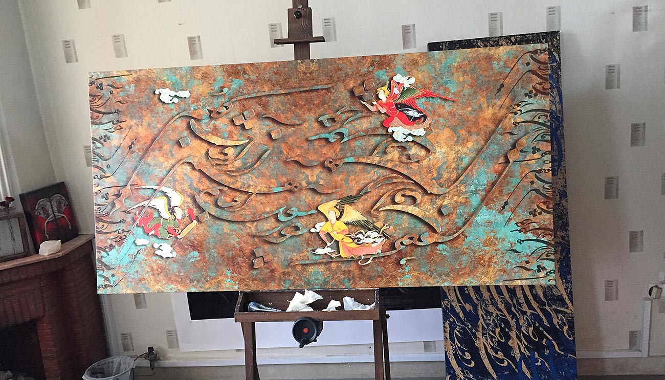 تابلو مینیاتور شعر چونسوره آفتابم با فرشتگان