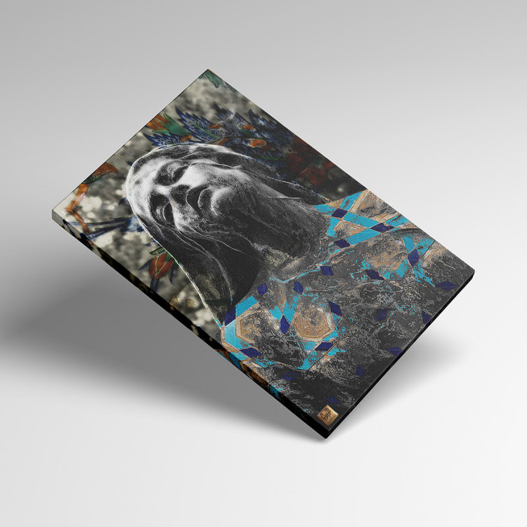 Painting of a lady facing the kingdom of a stone figure with a turquoise body from Chargoosh Gallery, model 8125