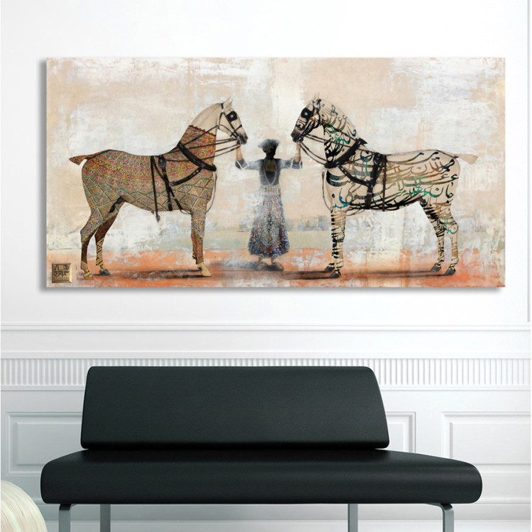 تابلو مدرن دو اسب عاشق ایرانی در دستان مهتر روحانی با شعر مولانا از چارگوش مدل 5557