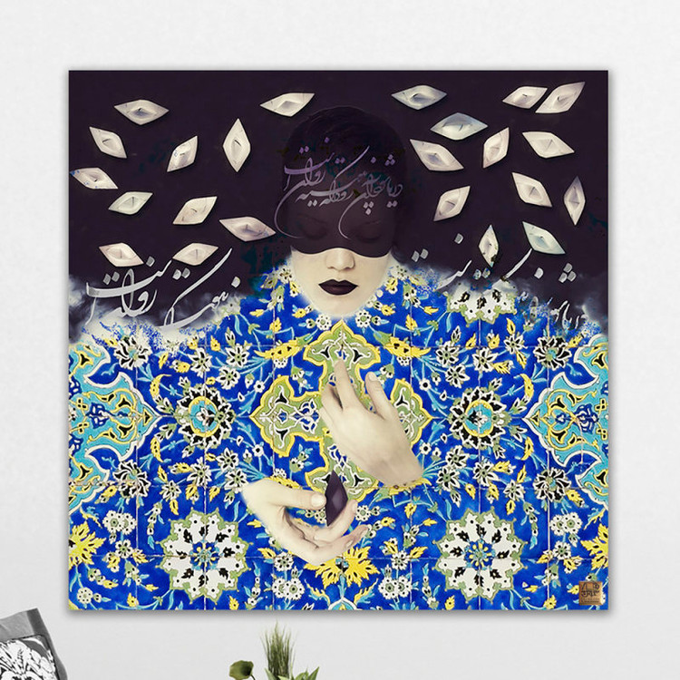 تابلو بوم دختری در میان قایق های کاغذی با چشمانی بسته در دریایی از نگاره ها با شعر هوشنگ ابتهاج گالری چارگوش مدل 5583