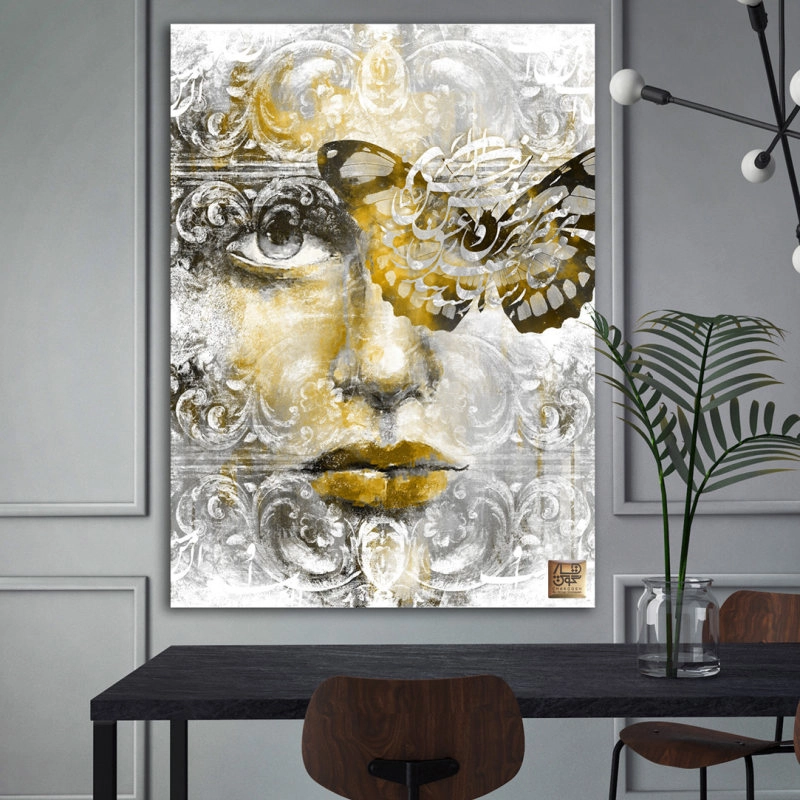 Painting of a girl's face with a butterfly and Rumi's poem "The Manifestation of the Song of Heavenly Love" from Chargoosh Gallery, model 2271.2