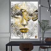 Painting of a girl's face with a butterfly and Rumi's poem "The Manifestation of the Song of Heavenly Love" from Chargoosh Gallery, model 2271.2