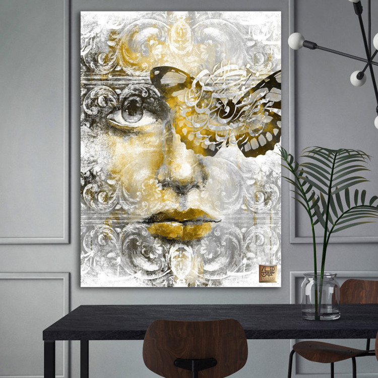 Painting of a girl's face with a butterfly and Rumi's poem "The Manifestation of the Song of Heavenly Love" from Chargoosh Gallery, model 2271.2