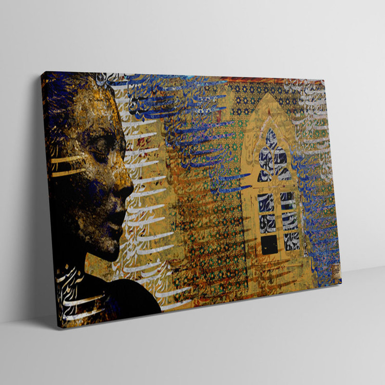 Line painting of a face facing the window of immortality, Kasraei's poem Life, from Chargoosh Gallery, model 2579