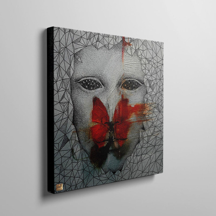 تابلو مدرن ایرانی پروانه ای بر لبان سکوت، چهره ای با چشمانی کهکشانی اثر گالری چارگوش