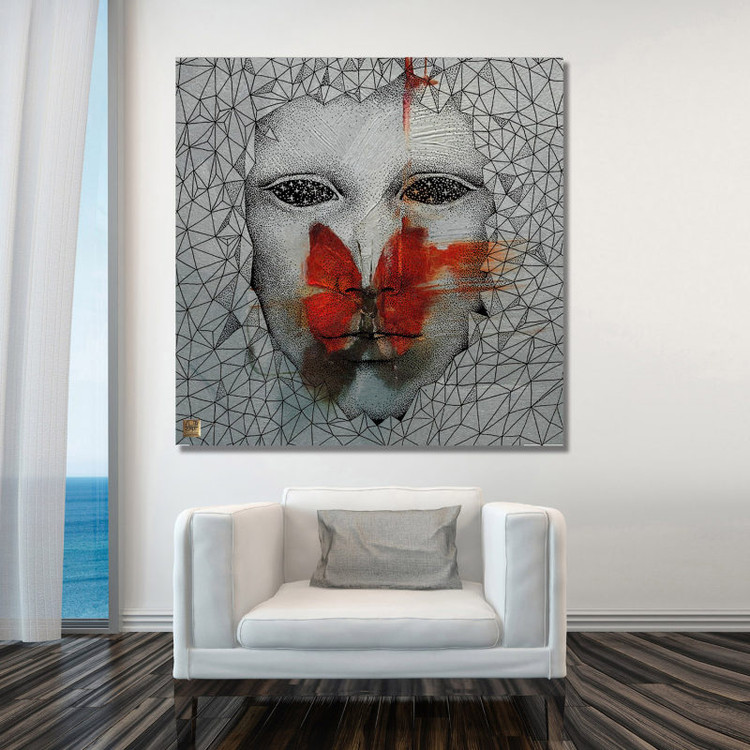 تابلو مدرن ایرانی پروانه ای بر لبان سکوت، چهره ای با چشمانی کهکشانی اثر گالری چارگوش مدل 2906