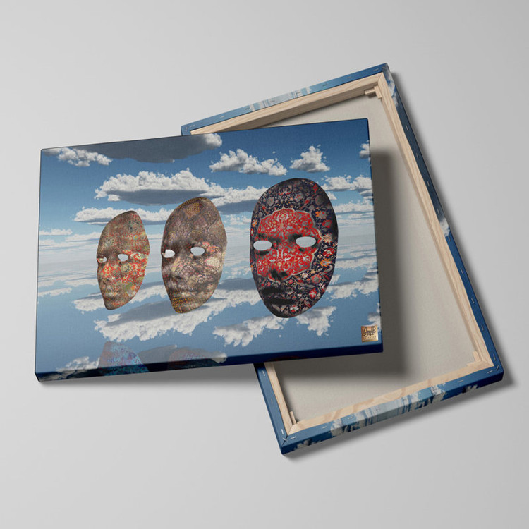 تابلو ماسک های فرشینه در آسمان لایتنهاهی و آینه وار هستی، تلاقی اصالت گره و بی کرانگی اثر گالری چارگوش مدل 2747 سه بعدی