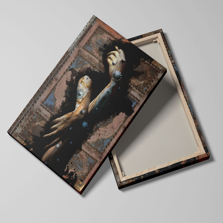 Contemporary painting of hands with a key behind a lock and on the doorstep of Dolat Doost by Chargoosh Gallery, model 7579