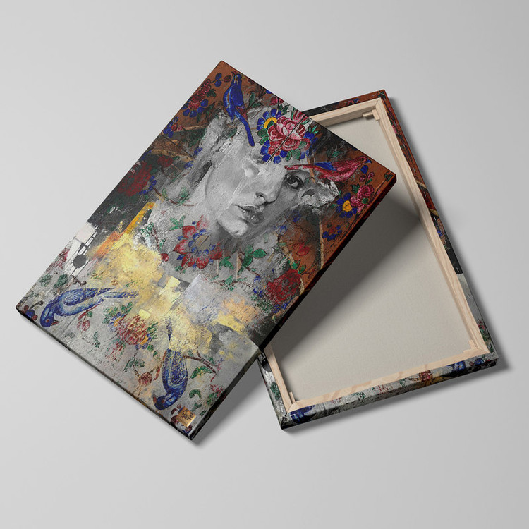 تابلو نقاشی دختر و مرغ ها طرح هنری مدرن و ایرانی گالری چارگوش مدل 2845