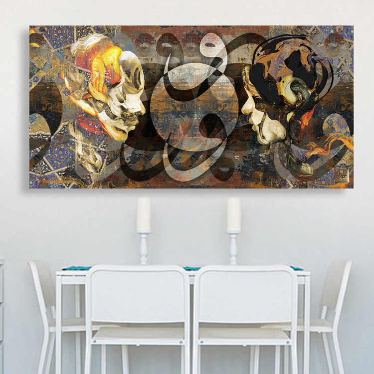 خرید تابلو چهره دو معشوق روبه روی هم با شعر مولانا سیر نمی شوم ز تو از گالری چارگوش مدل 2729