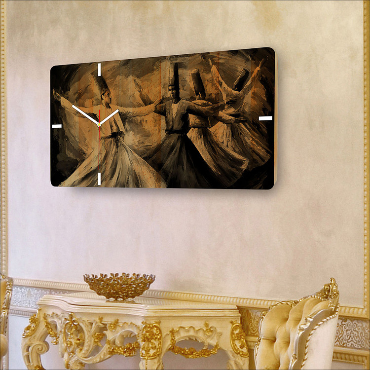 ساعت دیواری با طرح رقص سماع و با سوختهنگاری روی چوب مدل RC07 مستطیل