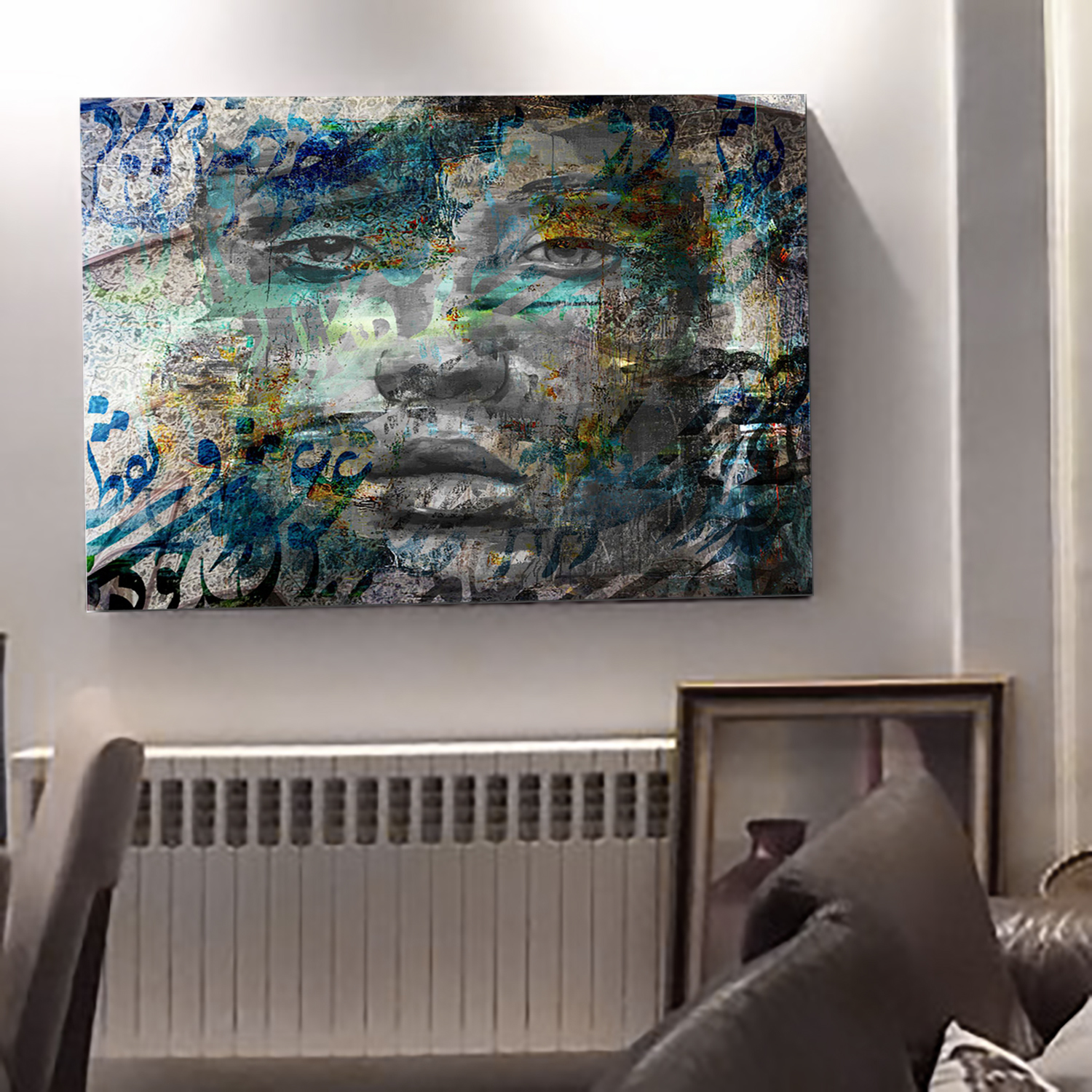 Modern Iranian calligraphy canvas painting or poetry of the wise, the point of the compass of existence, from Chargoosh Gallery, model 7115