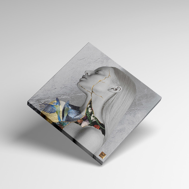 Modern painting of a white-haired lady praying in the garden, seen from inside, from Chargoosh Gallery, model 2953