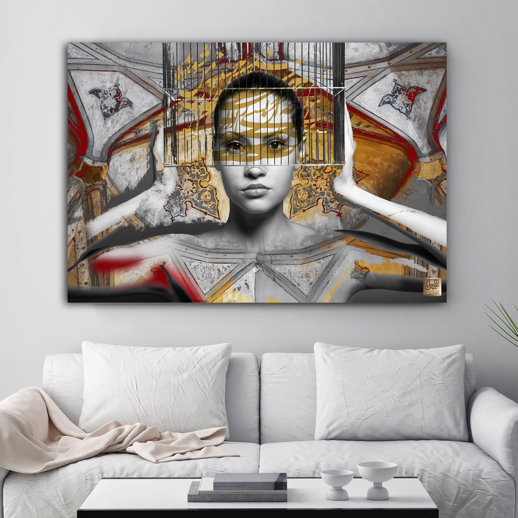 Canvas painting of a girl in a cage with Saadi's poem "Love is a thousand miles away from patience" from Chargoosh Gallery, model 2590