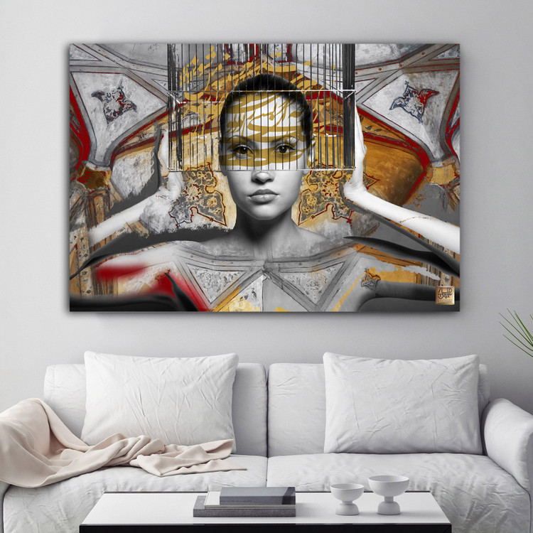 تابلو بوم دختری درون قفس با شعر سعدی عشق تا به صبوری هزار فرسنگ است از گالری چارگوش رنگ قرمز