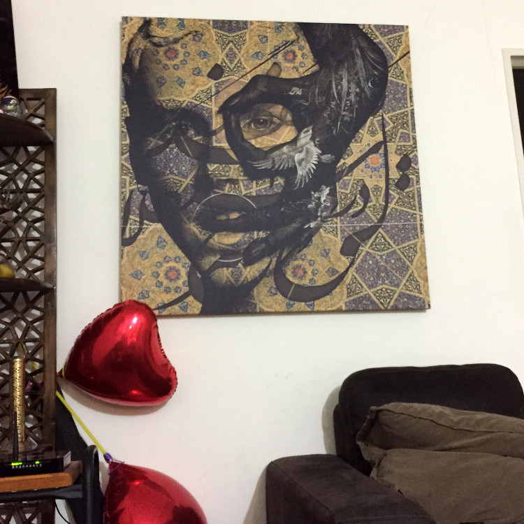 Digital painting of a bewildered lady among Iranian patterns from Chargoosh Gallery, model 2743