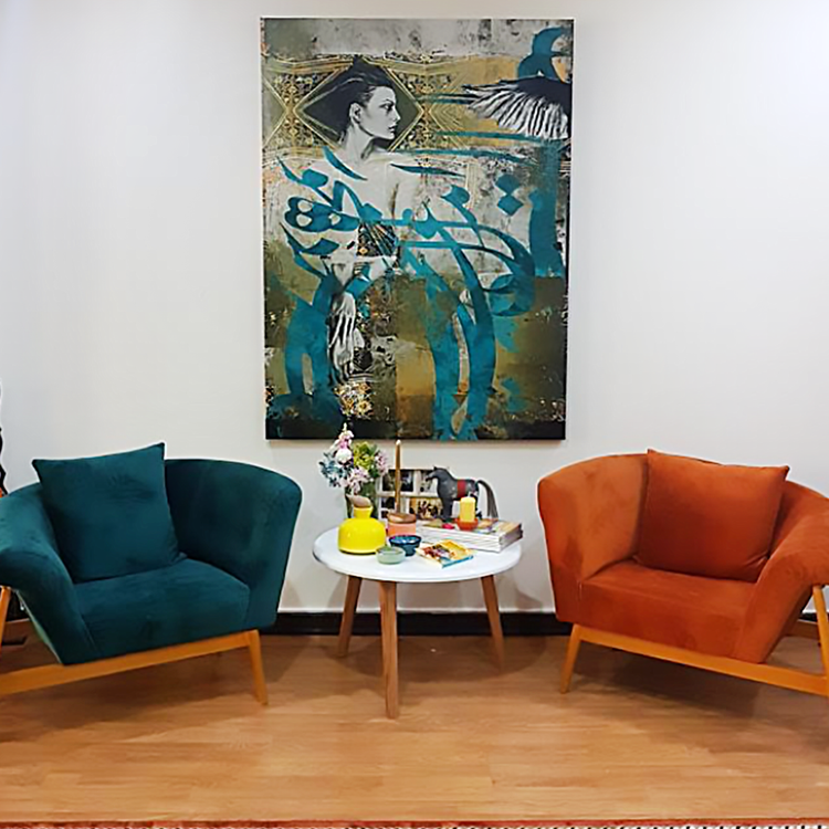 Painting of an angel in search of its own wings with a poem by Khayyam from Chargoosh Gallery,