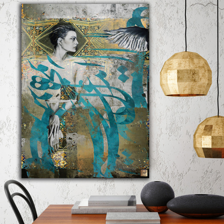 تابلوی نقاشی فرشتهای در جستجوی بالهای خویشتن با شعر خیام از گالری چارگوش مدل 2778