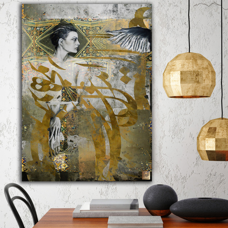 تابلوی نقاشی فرشتهای در جستجوی بالهای خویشتن با شعر خیام