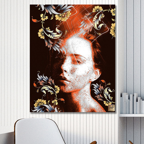 Canvas painting with a face on fire design with beautiful modern Iranian flowers from Chargoosh Gallery, model 2891
