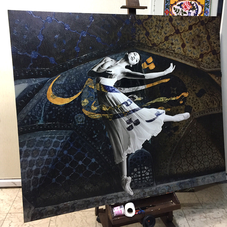 Painting of a ballerina girl in Khayyam's mansion with the poem "Be happy, as you are" from Chargoosh Gallery, model 4528