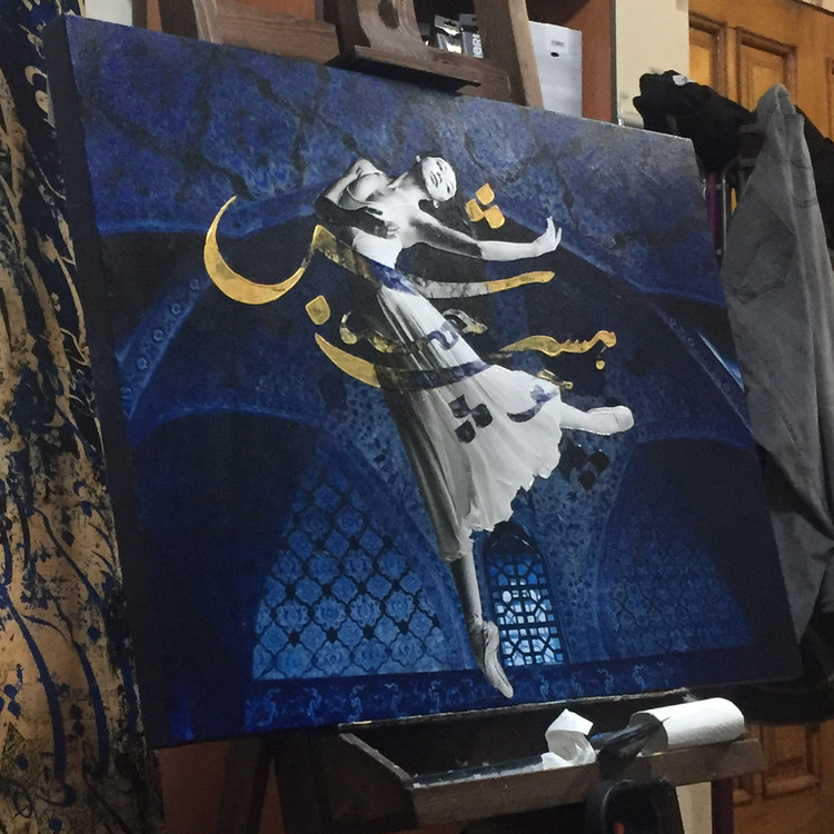 تابلو بوم با شعر انگار که نیستی چو هستی خوش باش از گالری چارگوش سرمه ای