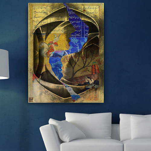 تابلو بوم نقاشیخط هنری مدرن ایرانی حکایت دیدن خسرو، شیرین را در چشمه سار گالری چارگوش مدل 2213