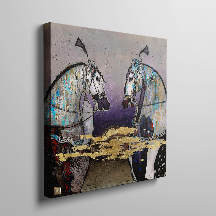 تابلو دو اسب تاجدار ایرانی رو در روی هم شکوه یک ملاقاتِ تاریخی در تالار آینه گالری چارگوش مدل 2214 سه بعدی