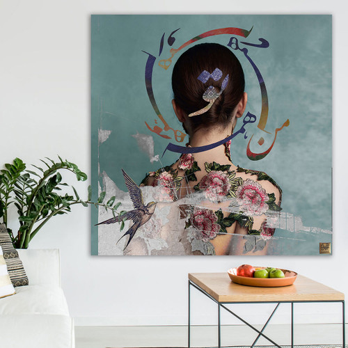 تابلو استحاله گلهای سرخ مینیاتوری روایت پیام آور جان معشوق بر تن عاشق گالری چارگوش مدل 2224 بالای میز