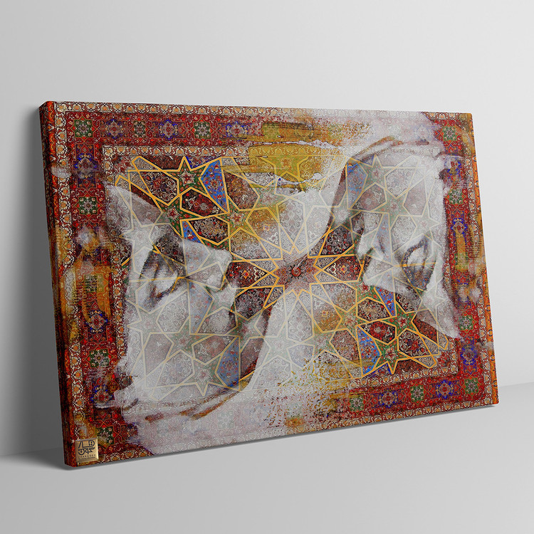 Canvas painting of two faces inside a Persian carpet with a poem by Hafez, Chargoosh Gallery, model 2243