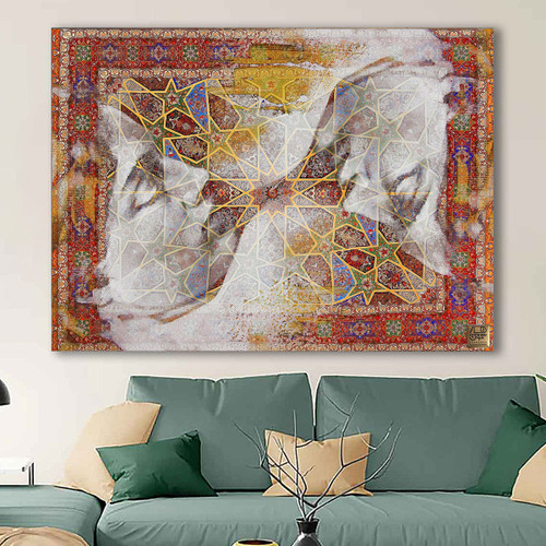 تابلو بوم دو چهره درون فرش ایرانی با شعری از حافظ گالری چارگوش مدل 2243