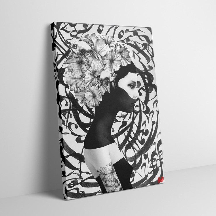 تابلوی نقاشی چهره ای در میان شعر حافظ خیال روی تو در هر طریق همره ماست گالری چارگوش مدل 2358