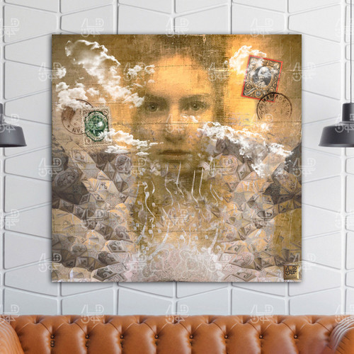 تابلو چهره ای محو شده در اسمان و ابرهای سپید با شعر وزه گر خیام و مهر ها و تمبرهای خیلی قدیمی اثر گالری چارگوش مدل 2540