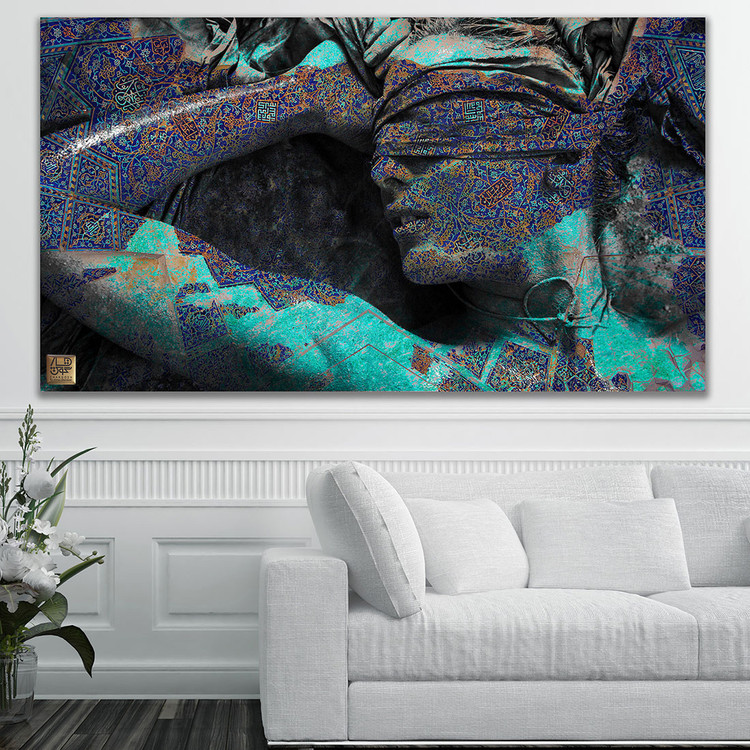 تابلو بوم گریز ناگزیر از تن و خیال؛ شاهکار سورئال لاجورد و طلا طرح مولانا اثر گالری چارگوش مدل 2837 فیروزه ای رنگ