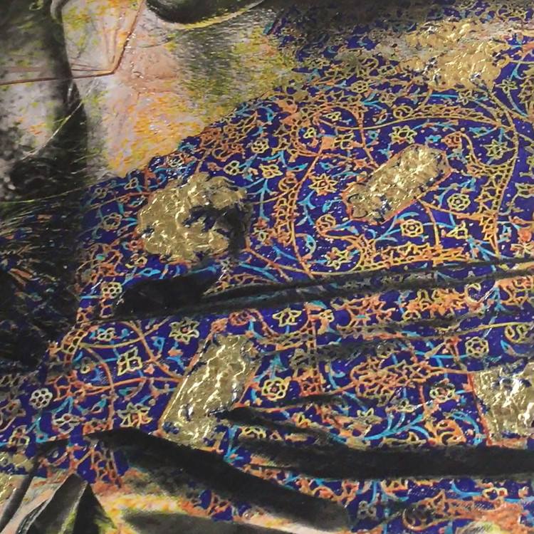 تابلو بوم گریز ناگزیر از تن و خیال؛ شاهکار سورئال لاجورد و طلا طرح مولانا اثر گالری چارگوش مدل 2837 جزییات اثر