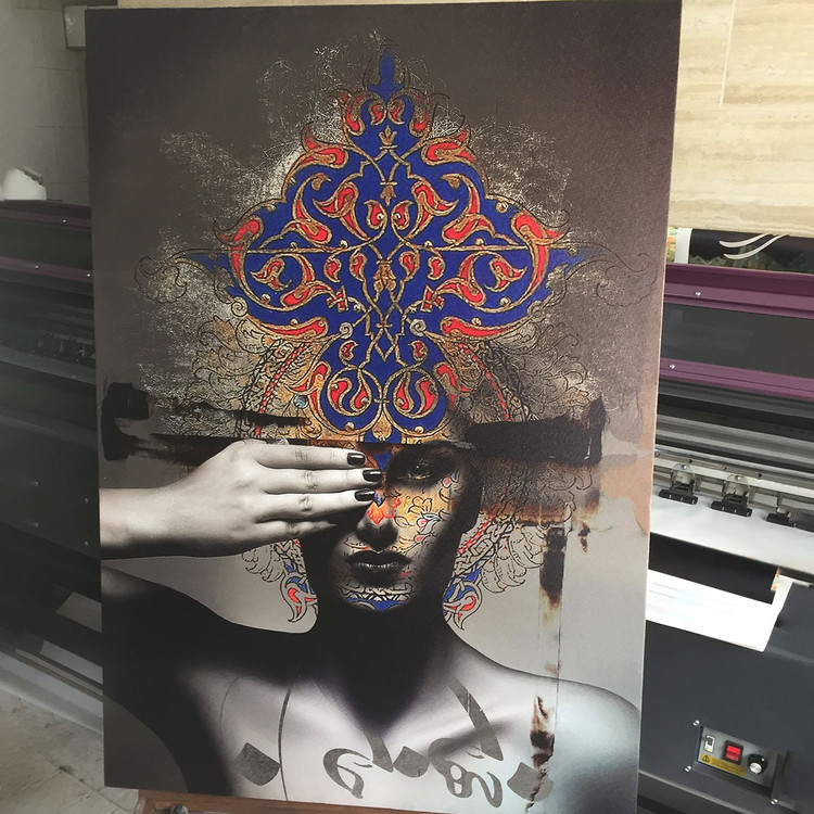 Painting "My Life and My World", a girl with a hand over her eye with a ghazal by Rumi, by Chargoosh Gallery, model 2875