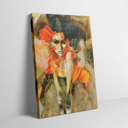 تابلو بانویی در میان گلهای مینیاتوری قرمز هنری مدرن ایرانی گالری چارگوش مدل 2903.