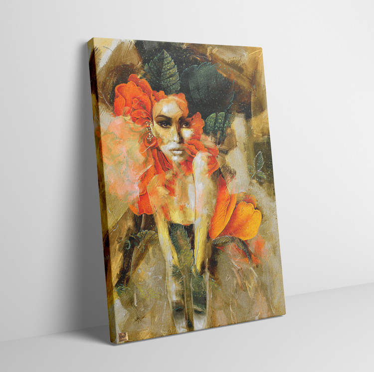 تابلو بانویی در میان گبهای مینیاتوری قرمز هنری مدرن ایرانی گالری چارگوش مدل 2903.