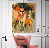 Painting of a lady among red miniature goblets, modern Iranian art, Chargoosh Gallery, model 2903.