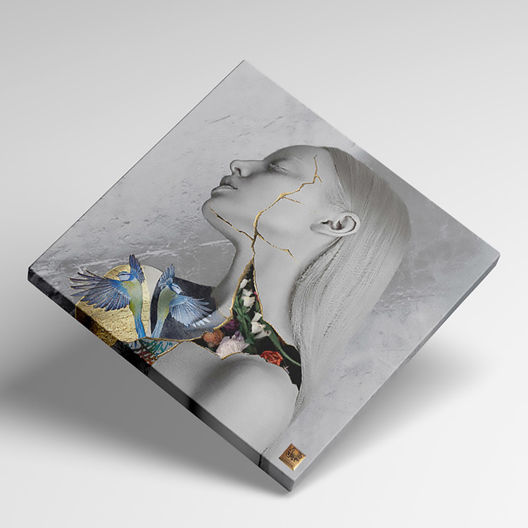 تابلو مدرن بوی خوش آشنا | طرح کینتسوگی و شعر حافظ با پرتره پلاتینی گالری چارگوش سه بعدی