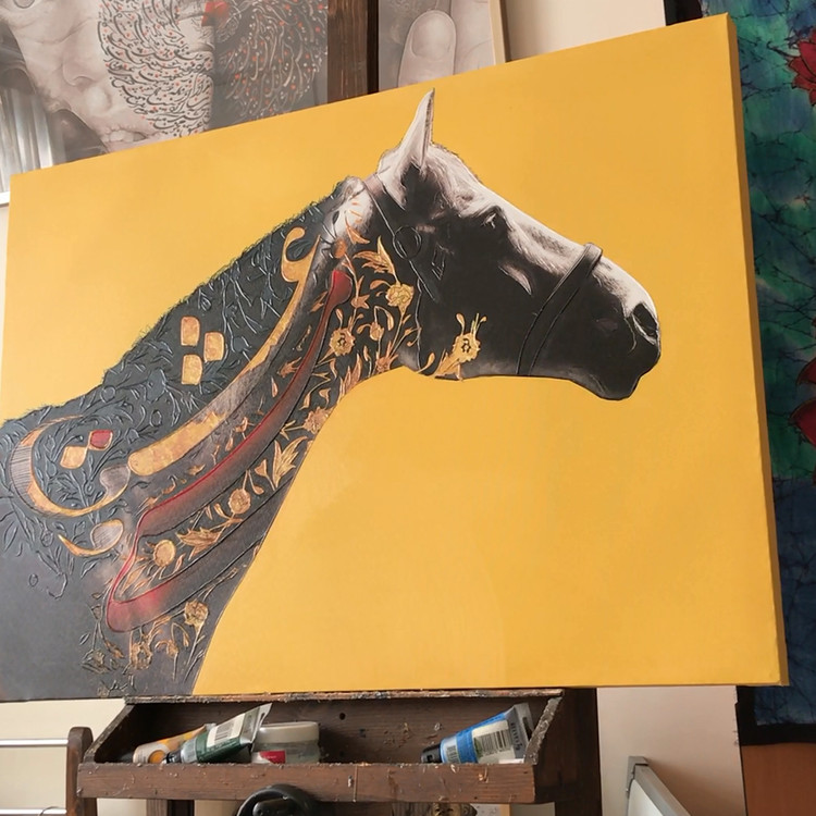 Artistic painting of the statue of the secret of love and intoxication in the body of a Persian horse by Chargoosh Gallery, model 29531