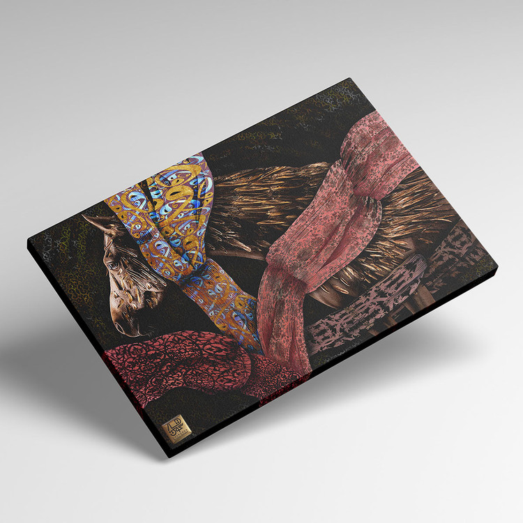 Painting of a horse among fabrics inspired by Rumi's poem