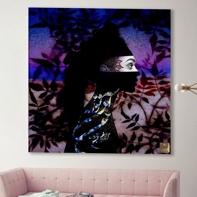 تابلو نقاشیخط سوررئال طرح سایه بانو با شکاف نور و غزل مولانا | بوم نفیس کنواس گالری چارگوشسیاه رو دکور