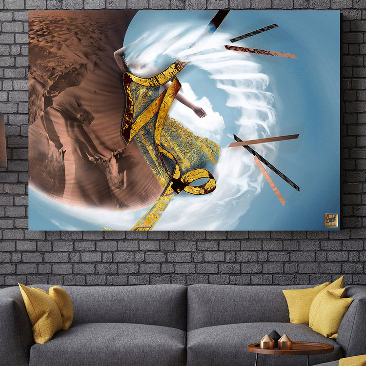Artistic painting of a woman suspended in the sky of the boundless desert by Chargoosh Gallery, model 2977
