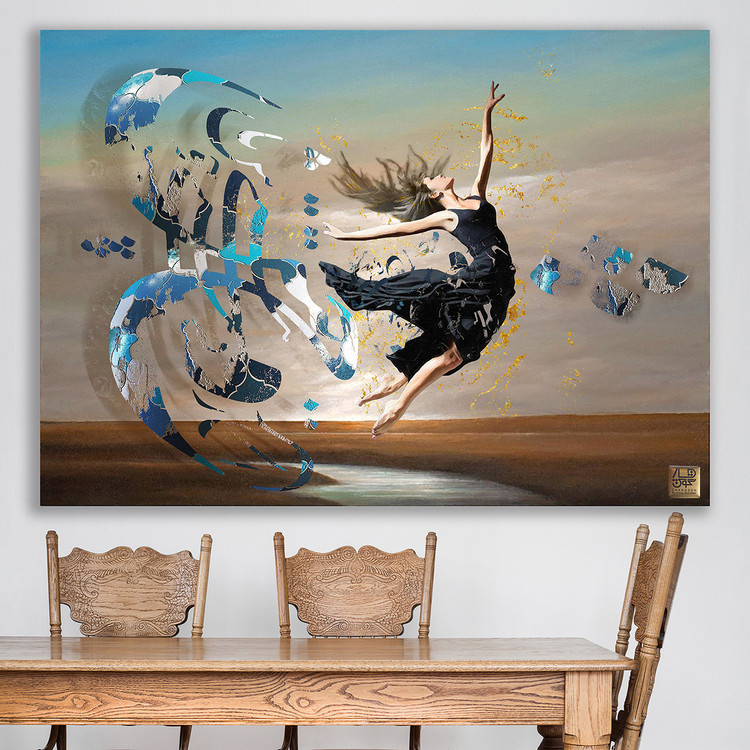 تابلو مدرن بانویی بر فراز آسمان دشت و شعر خیام چو هستی خوش باش از گالری چارگوش