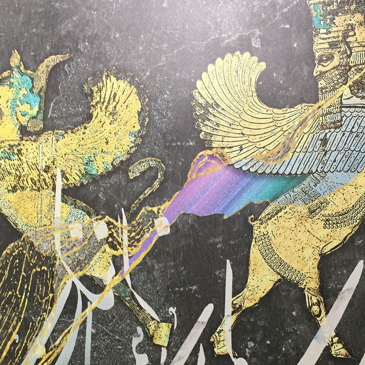 جزییات تابلو تندیس زرین خیر و شر؛ طرح اساطیری پاسارگاد و ضربالمثل