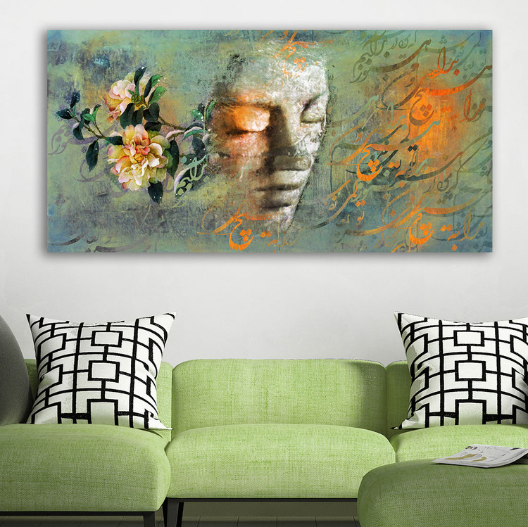 تابلو ایرانی بانویی با چشمان بسته در میان گلها از گالری چارگوش