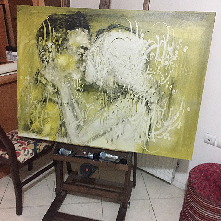 نقاشی خط مولانا به دو نقش و به دو صورت به یکی جان من و تو