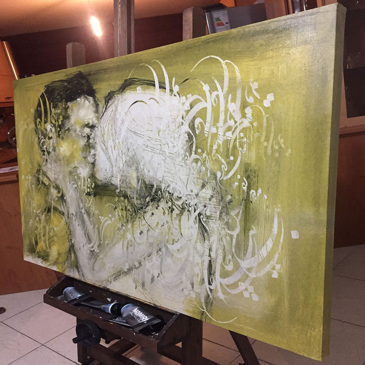 نقاشی خط مولانا به دو نقش و به دو صورت به یکی جان من و تو اثر گالری چارگوش